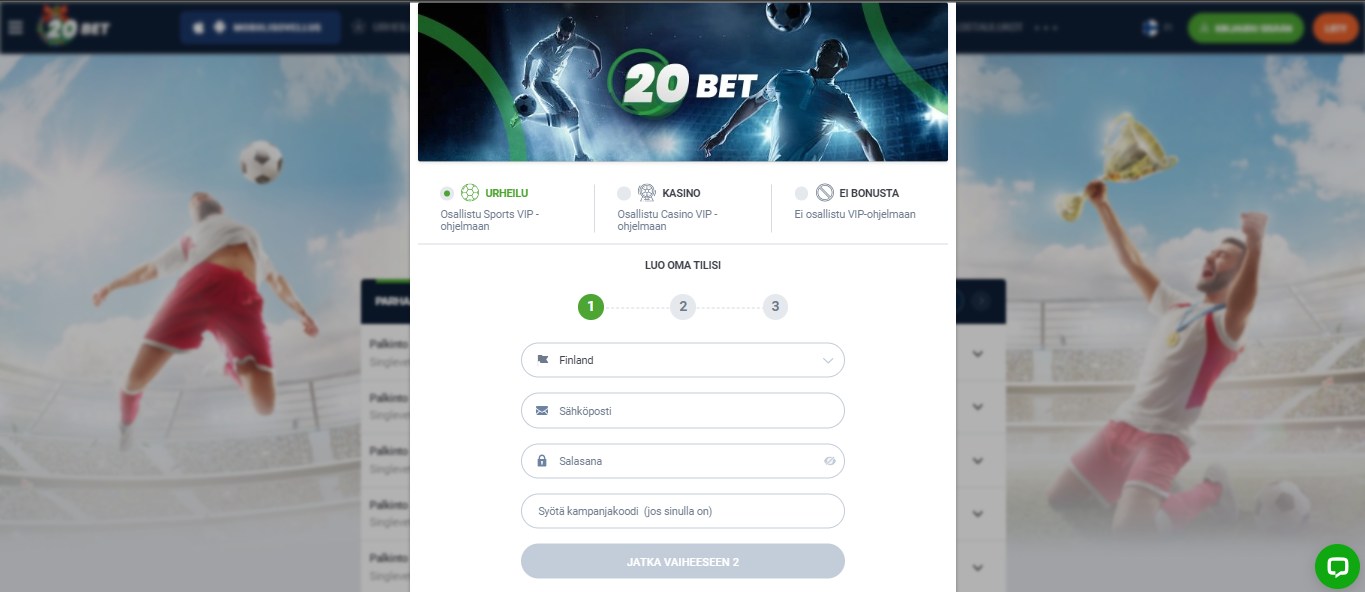 20Bet Bookmaker Registration FI