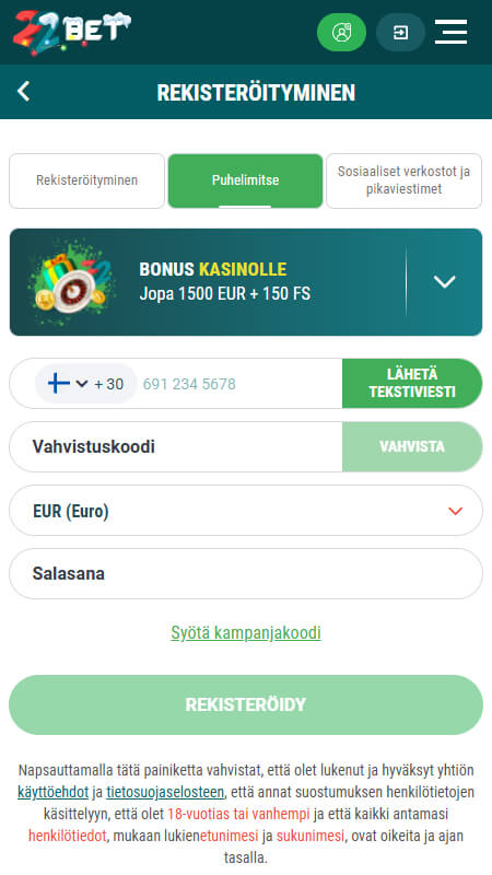 22Bet casino registration by phone