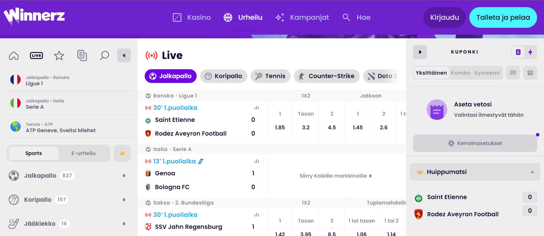 Live-vedonlyönti Winnerzissä