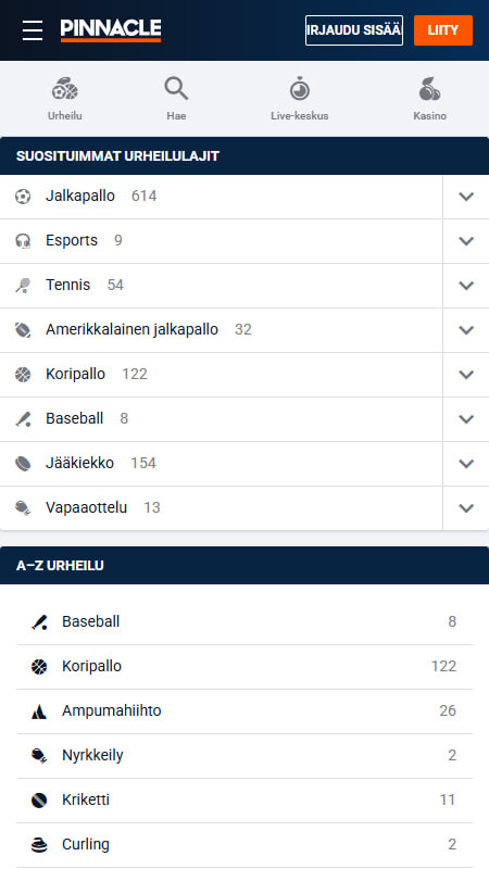 Pinnacle Vedonlyönnin pelivalikoima