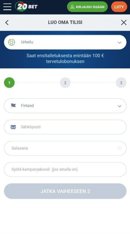 Rekisteröityminen 20Bet vedonlyöntiin