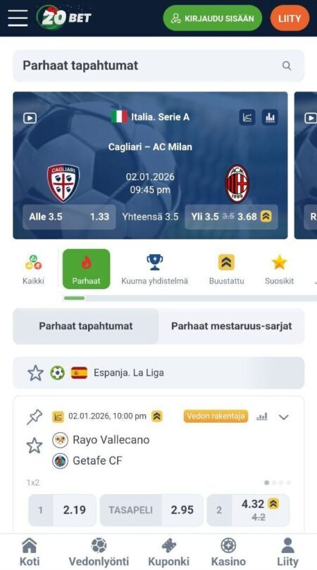 Urheiluvedonlyönti 20Betillä