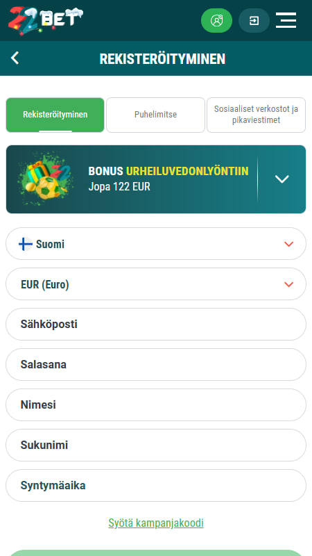 Rekisteröityminen 22BET vedonlyöntiin