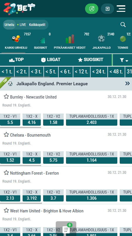 Urheiluvedonlyönti 22BETilla