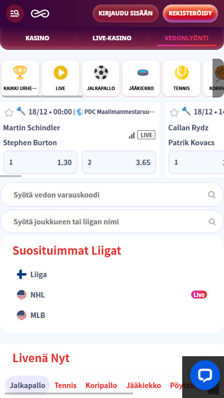 Urheiluvedonlyönti Casino Infinityllä Suomessa