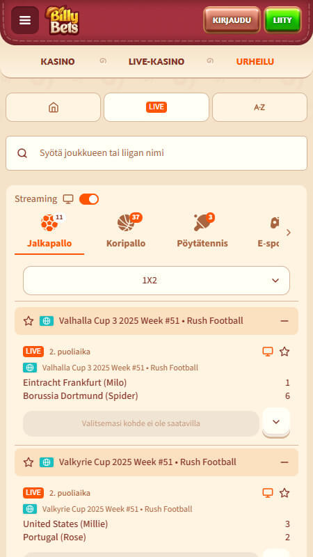 BillyBets Suomessa Live-vedonlyönti