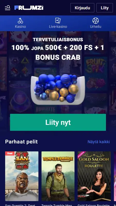 Frumzi-kasinon etusivu näyttää pelivalikoiman ja bonustarjoukset