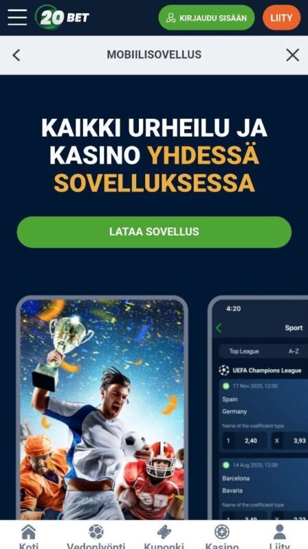 20Bet MM-kisojen vedonlyöntisovellus