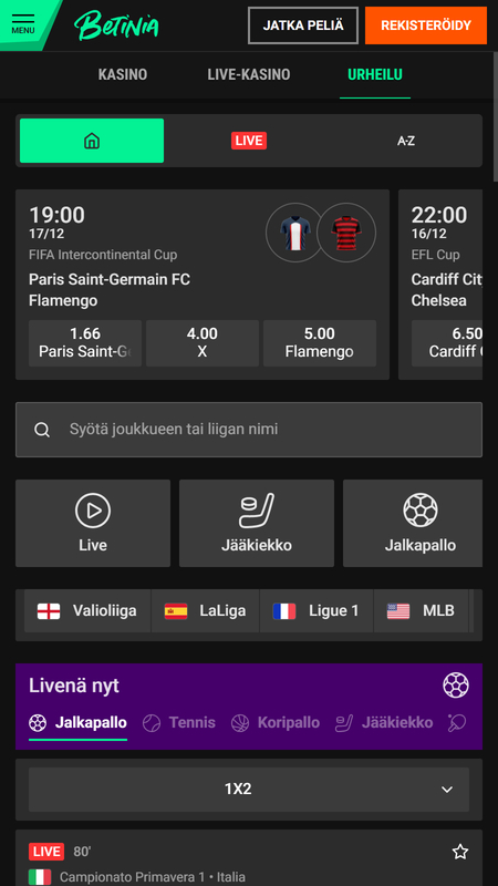 Betinian vedonvälittäjä, urheiluvedonlyönti