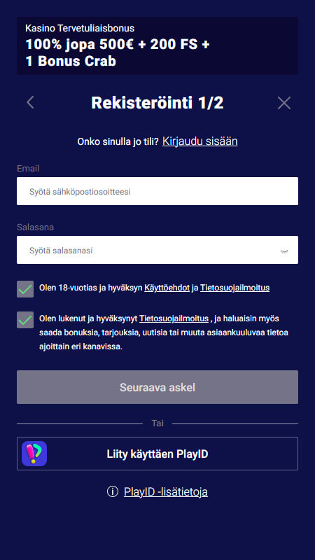 Frumzi casino registration step 1
