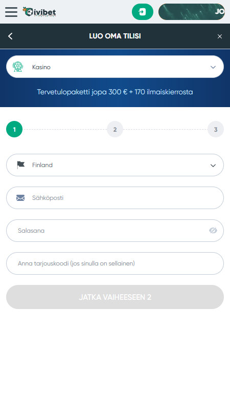 Ivibet casino registration step 1