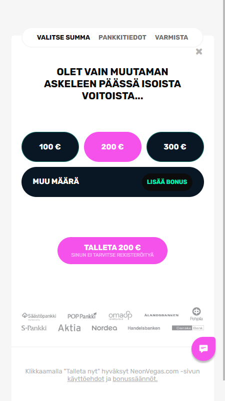 Neon Vegas registration deposit step 1