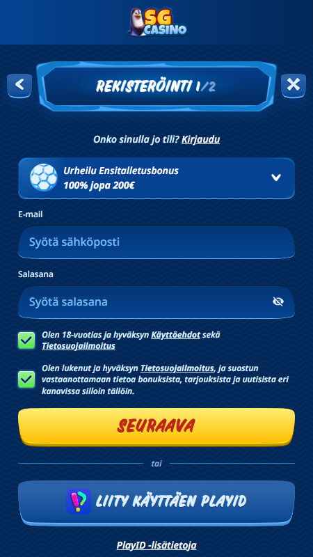 SG Casino registration bookmaker account step 1