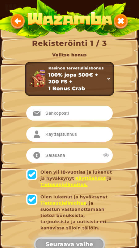 Wazamba casino registration step 1