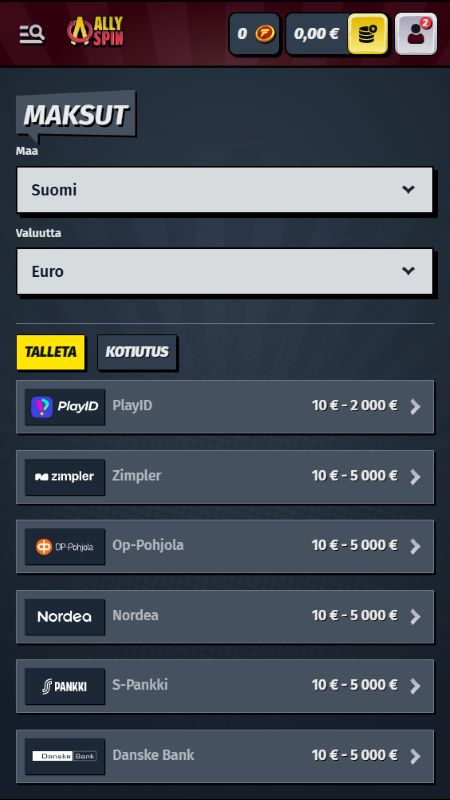 Maksutavat-osio AllySpinssa