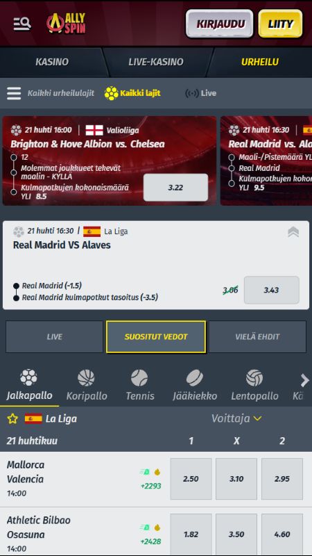 Online-urheiluvedonlyöntiosasto AllySpinssa