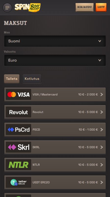 Talletukset ja kotiutukset SpinBossilla